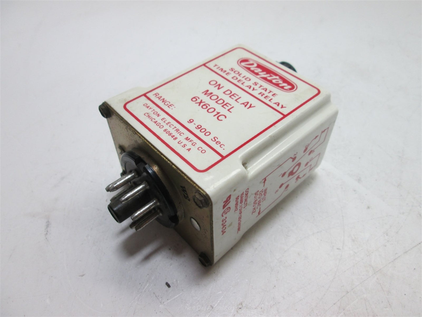 Used Dayton 6X601C Solid State Time Delay Relay, On Delay, 9-900Sec. In: 120VAC