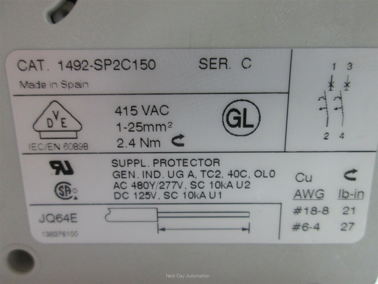 Used Allen-Bradley 1492-SP2C150 Circuit Breaker, 15A, Rating: 480/277VAC 125VDC 10kA