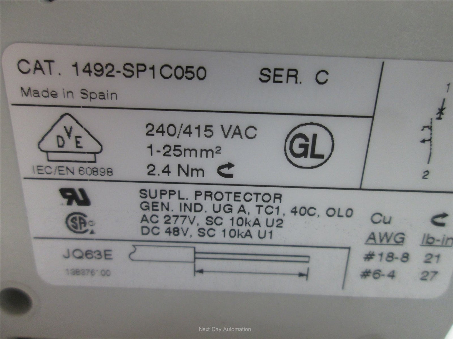 Used Allen-Bradley 1492-SP1C050 Circuit Breaker, 5A, Rating: 277VAC 48VDC 10kA
