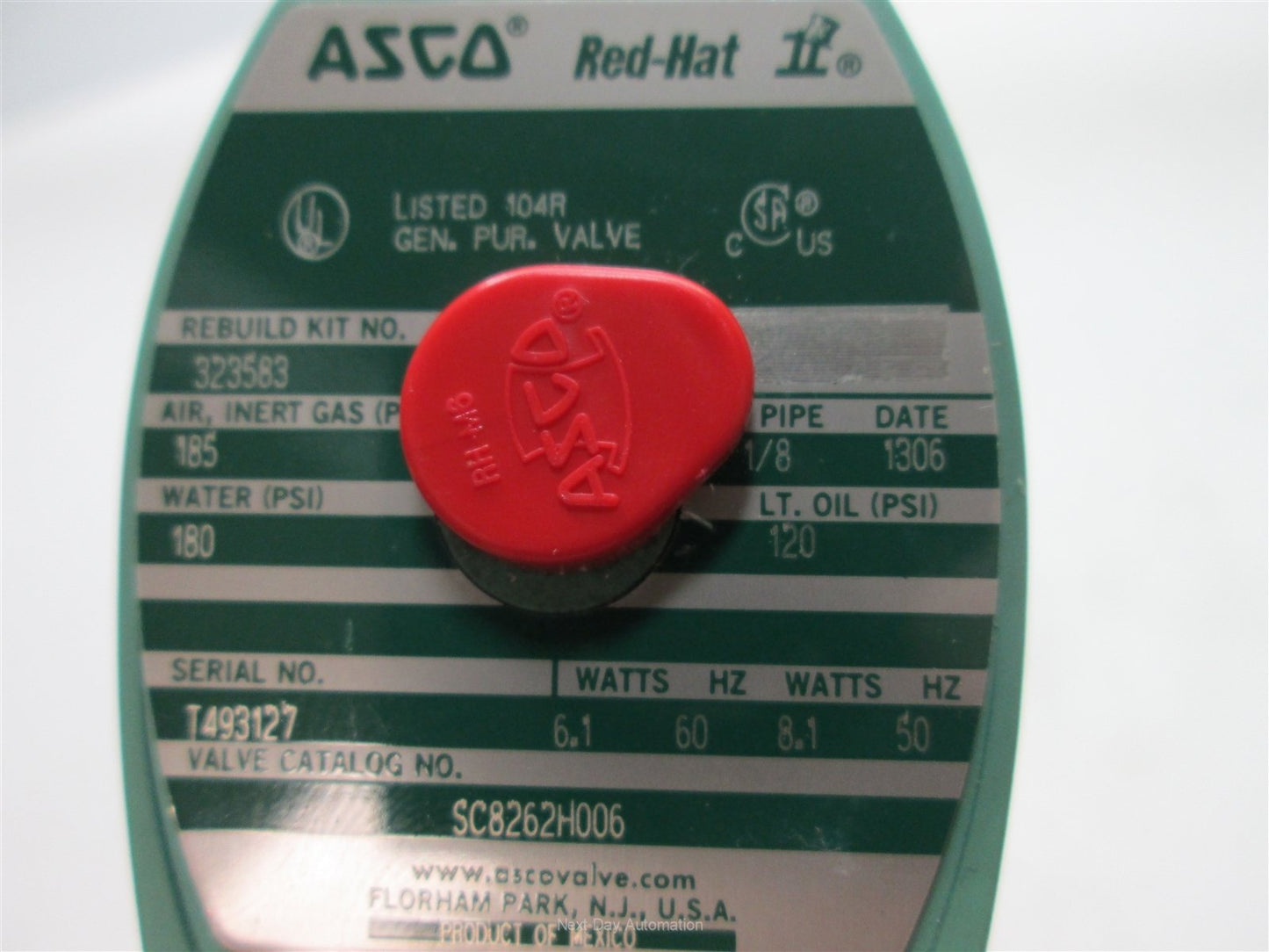 Used ASCO SC8262H006 Solenoid Valve, 120VAC 6.1/8.1 Watts, 1/8" NPT Ports, 185psi