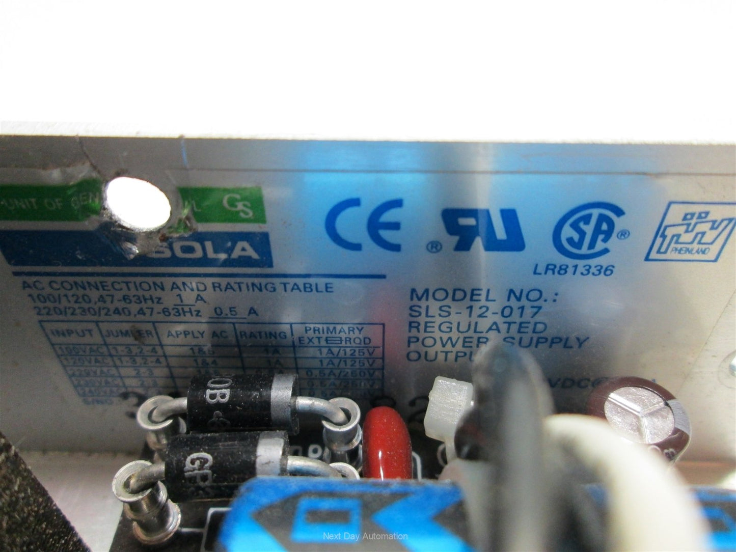 Used Sola SLS-12-017 Power Supply, Input: 100/120/220/230/240VAC, Output: 12VDC 1.7A