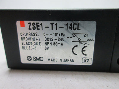 Used SMC ZSE1-T1-14CL Compact Vacuum Pressure Switch, 0 to -101kPa, 12-24VDC, M5x0.8