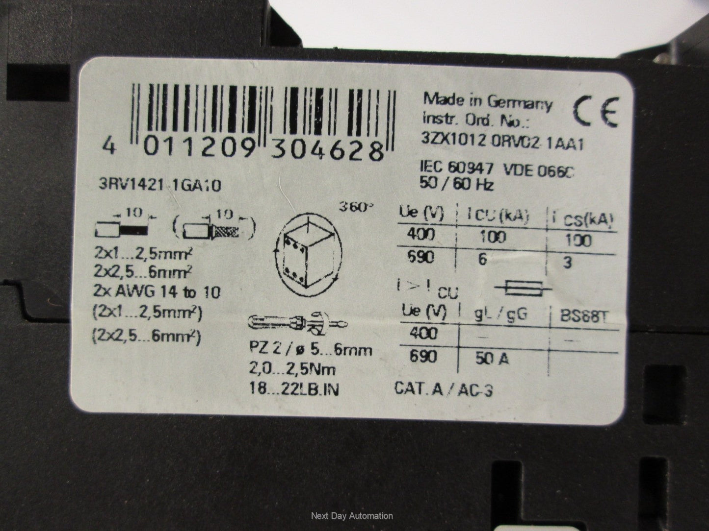 Used Siemens 3RV1421-1GA10 Manual Motor Starter 690VAC 4.5-6.3A 3 Pole DIN Mount
