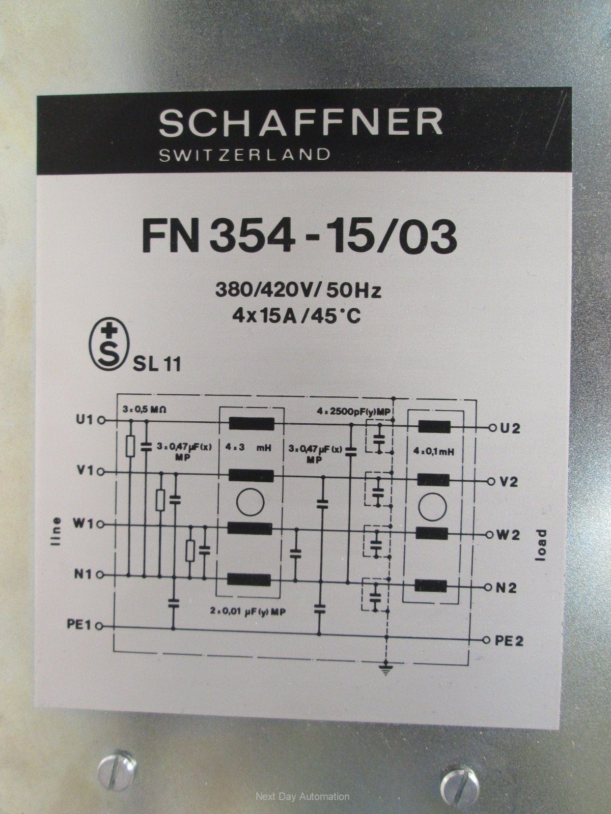 Used Schaffner FE 354-15/03 4-Wire Filter 3 Phase + Neutral 380/420VAC 50Hz 15A
