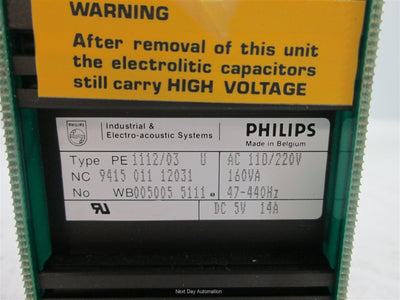 Used Philips PE1112/03 Machine Control Module, 110/220VAC 160VA/5VDC 14A