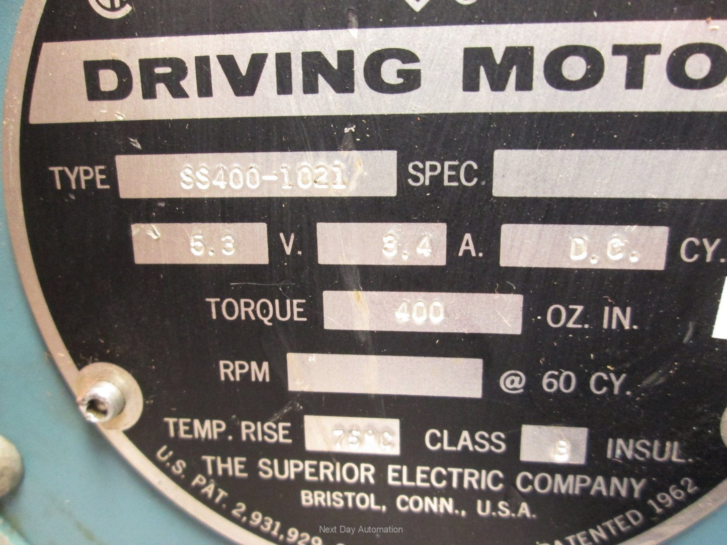 Used Superior Electric SS400-1021 Slo-Syn Motor 5.3VDC 3.4A 400oz/in Torque 72RPM