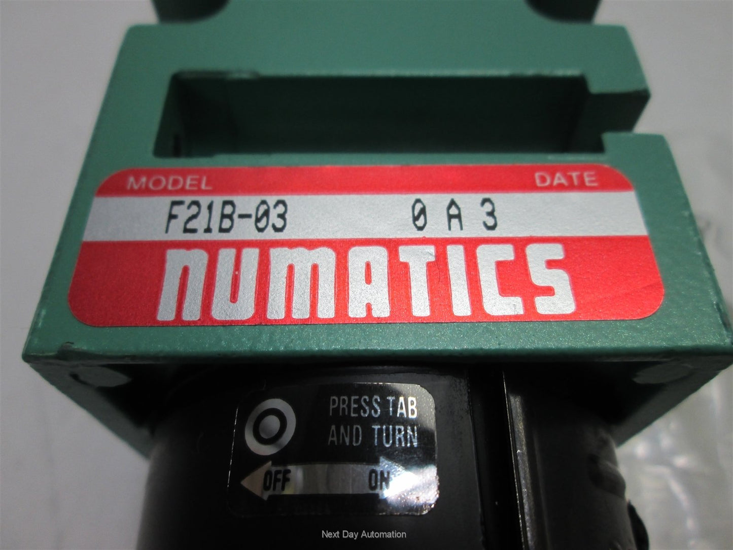Used Numatics F21B-03 Pneumatic Filter, Ports: 3/8" NPT, Pressure Rating: 150psi Max
