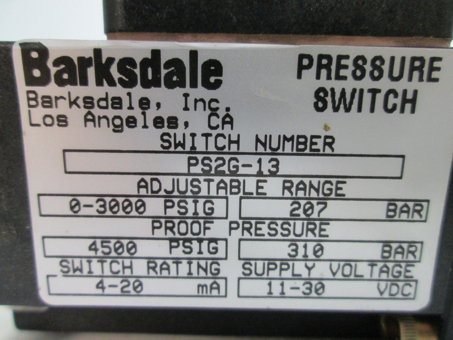 Used Barksdale PS2G-13 Pressure Switch, Voltage: 11-30VDC, Adj Pressure: 0-3000psi