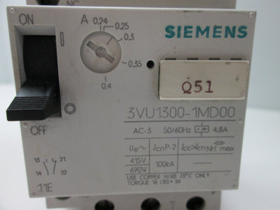 Used Siemens 3VU1300-1MD00 Manual Motor Starter, 3-Pole, Current Range: 0.24-0.4A