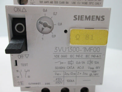 Used Siemens 3VU1300-1MF00 Manual Motor Starter, 3-Pole, Current Range: 0.6-1A