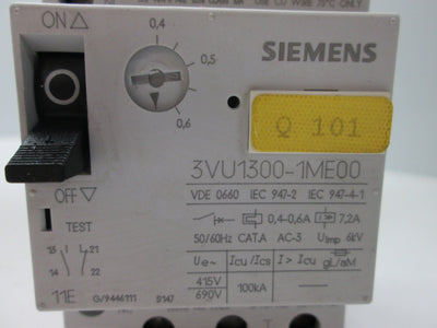 Used Siemens 3VU1300-1ME00 Manual Motor Starter, 3-Pole, Current Range: 0.4-0.6A