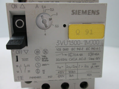 Used Siemens 3VU1300-1MJ00 Manual Motor Starter, 3-Pole, Current Range: 2.4-4A