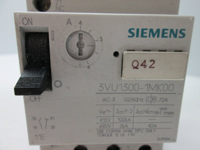 Used Siemens 3VU1300-1MK00 Manual Motor Starter, 3-Pole, Current Range: 4-6A