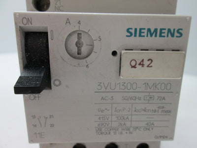 Used Siemens 3VU1300-1MK00 Manual Motor Starter, 3-Pole, Current Range: 4-6A