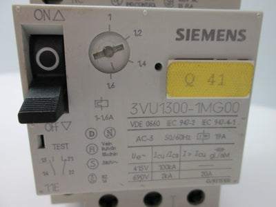 Used Siemens 3VU1300-1MG00 Manual Motor Starter, 3-Pole, Current Range: 1-1.6A