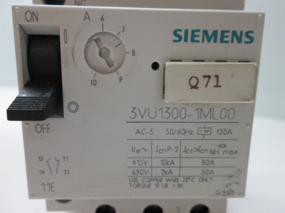 Used Siemens 3VU1300-1ML00 Manual Motor Starter, 3-Pole, Current Range: 6-10A