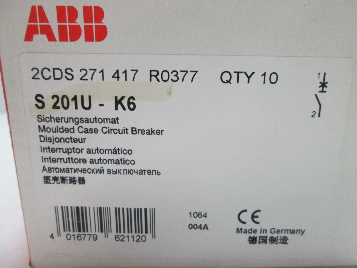 New Box of 10 ABB S201U-K6 Circuit Breakers, 1-Pole, Rating: 240VAC 6A
