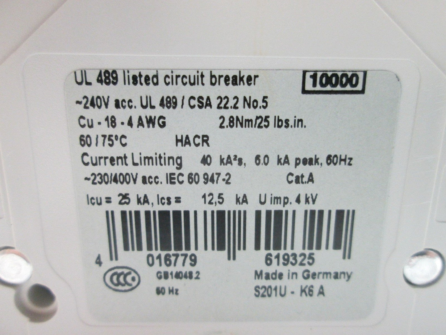 New Box of 10 ABB S201U-K6 Circuit Breakers, 1-Pole, Rating: 240VAC 6A