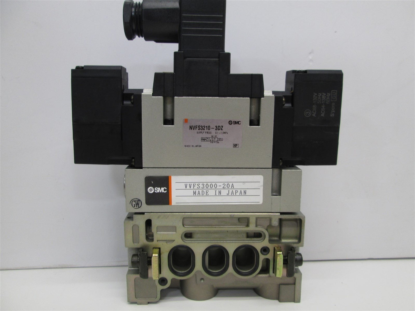 Used SMC NVFS3210-3DZ 5 Port Solenoid Valve Assembly w/ Speed Control, Manifold Block