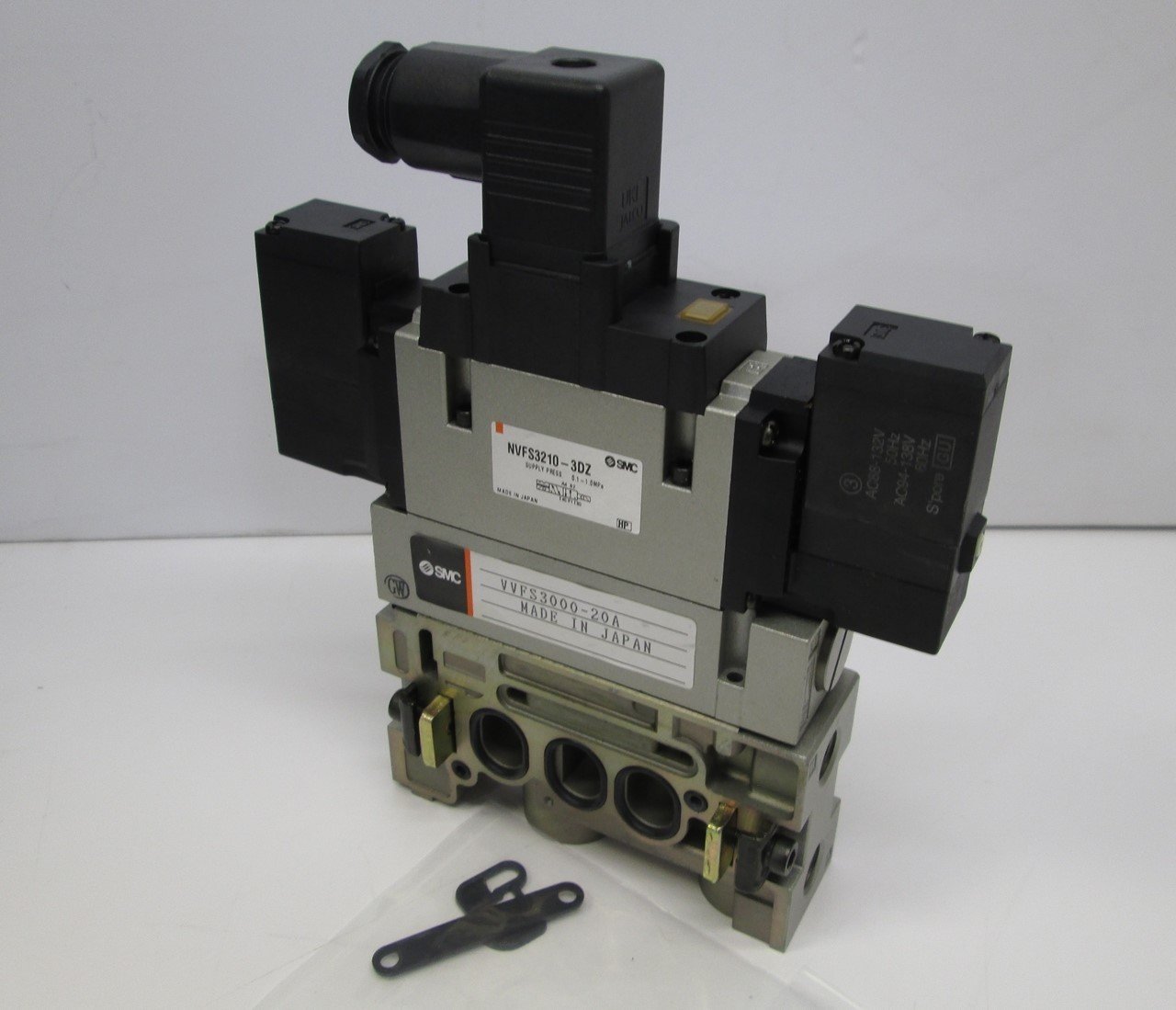 Used SMC NVFS3210-3DZ 5 Port Solenoid Valve Assembly w/ Speed Control, Manifold Block