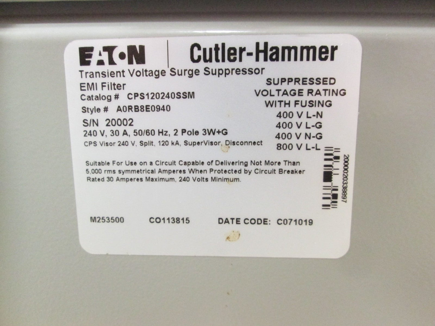 New Eaton Cutler Hammer CPS120240SSM Retro Surge Protector 120kA 120/240VAC 1PH