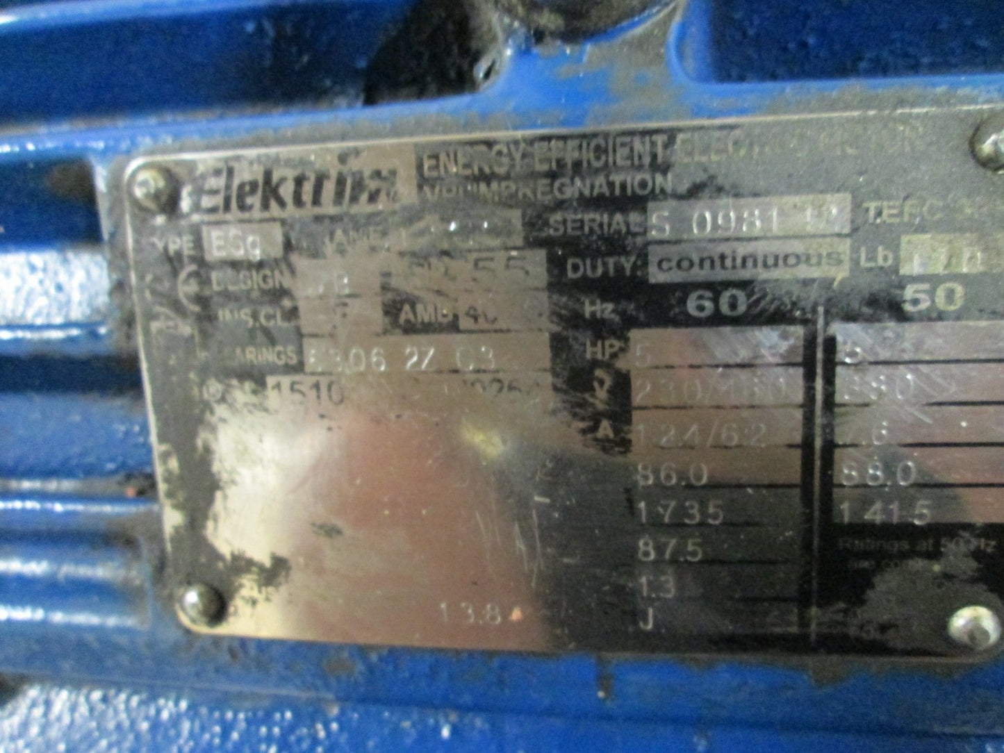 Used Elektrim ESg AC Motor, Voltage: 230/460VAC at 60Hz, With Reservoir and Pump