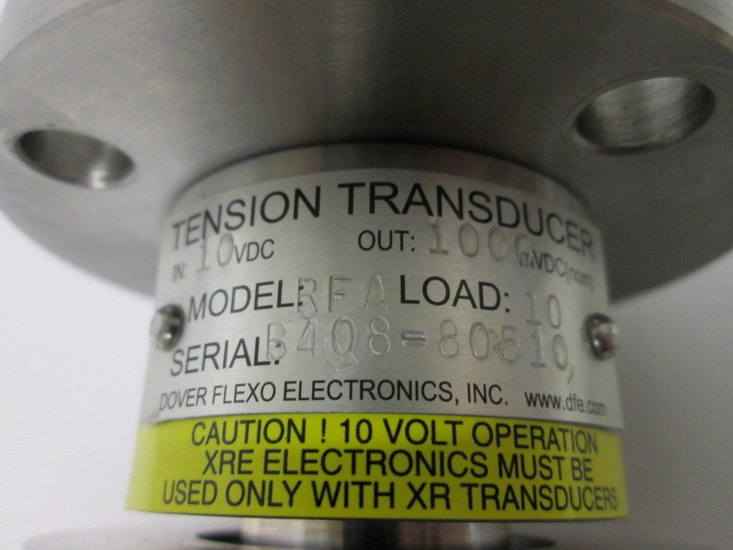 Used Dover Flexo RFA0-FL-10 Tension Transducer, Load Rating: 10lbs, Input: 10VDC