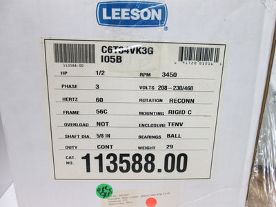 New Leeson 113588.00 Electric Motor, Voltage: 208-230/460V, Speed: 3450RPM