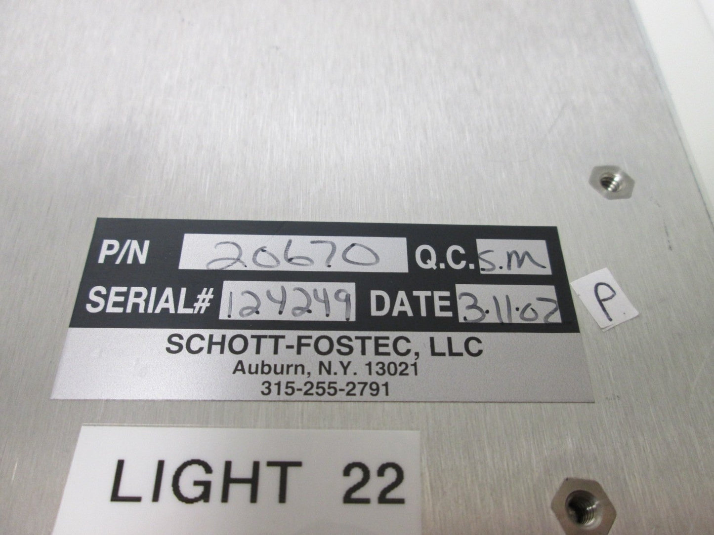 Used Fostec 20670 Fiber Optic Light Source, Power: 15VDC DC At 100mA, 9-Pin D-Sub