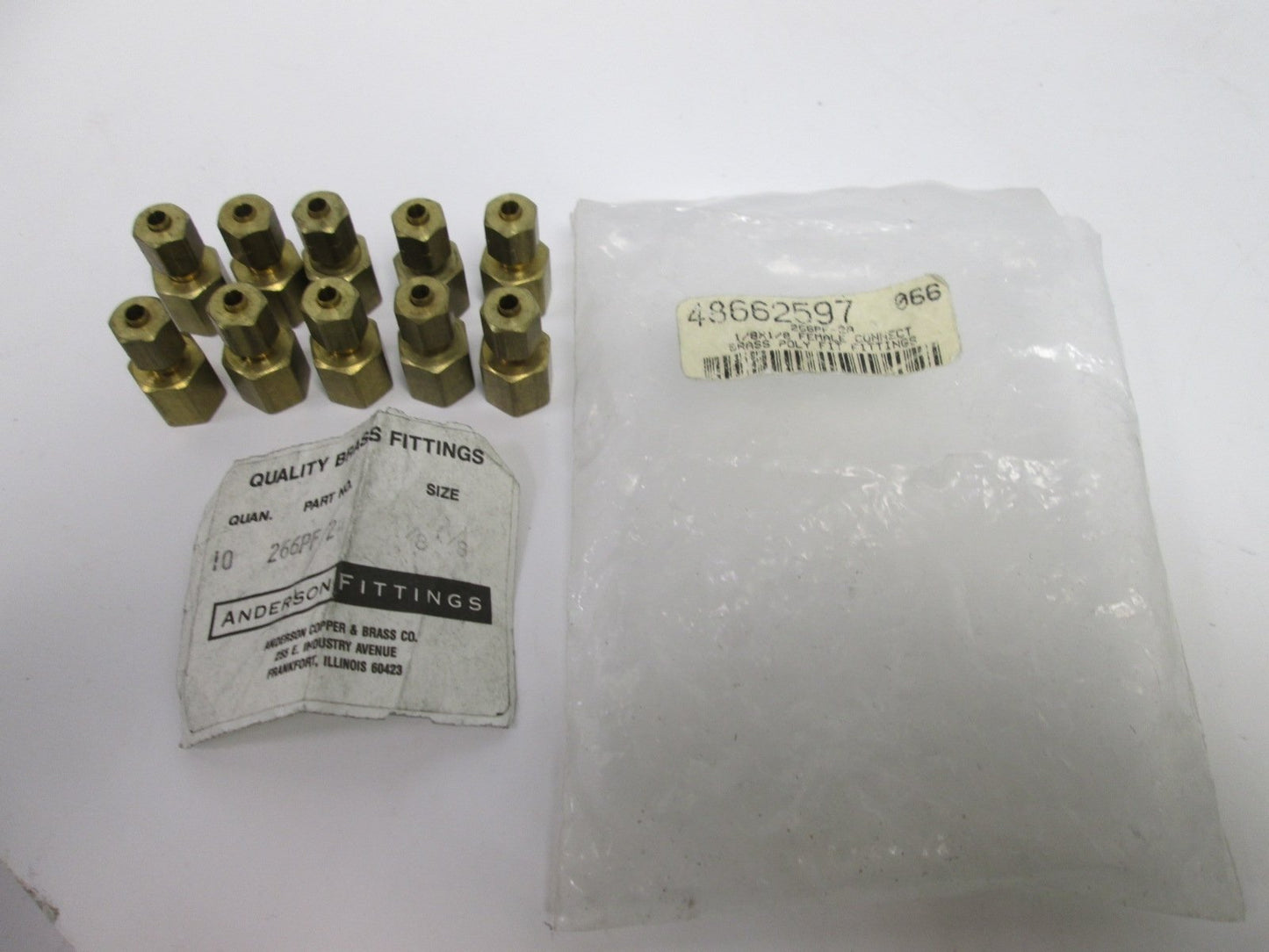 New – Open box Lot of 10 New 266PF-2A 1/8" Male x 1/8" Female Poly Fittings, Material: Brass