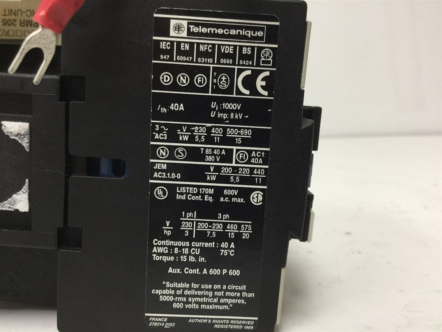 Used Telemecanique LC1D2510 Contactor, 3-Pole with N/O Auxiliary, 48VAC 50/60Hz Coil