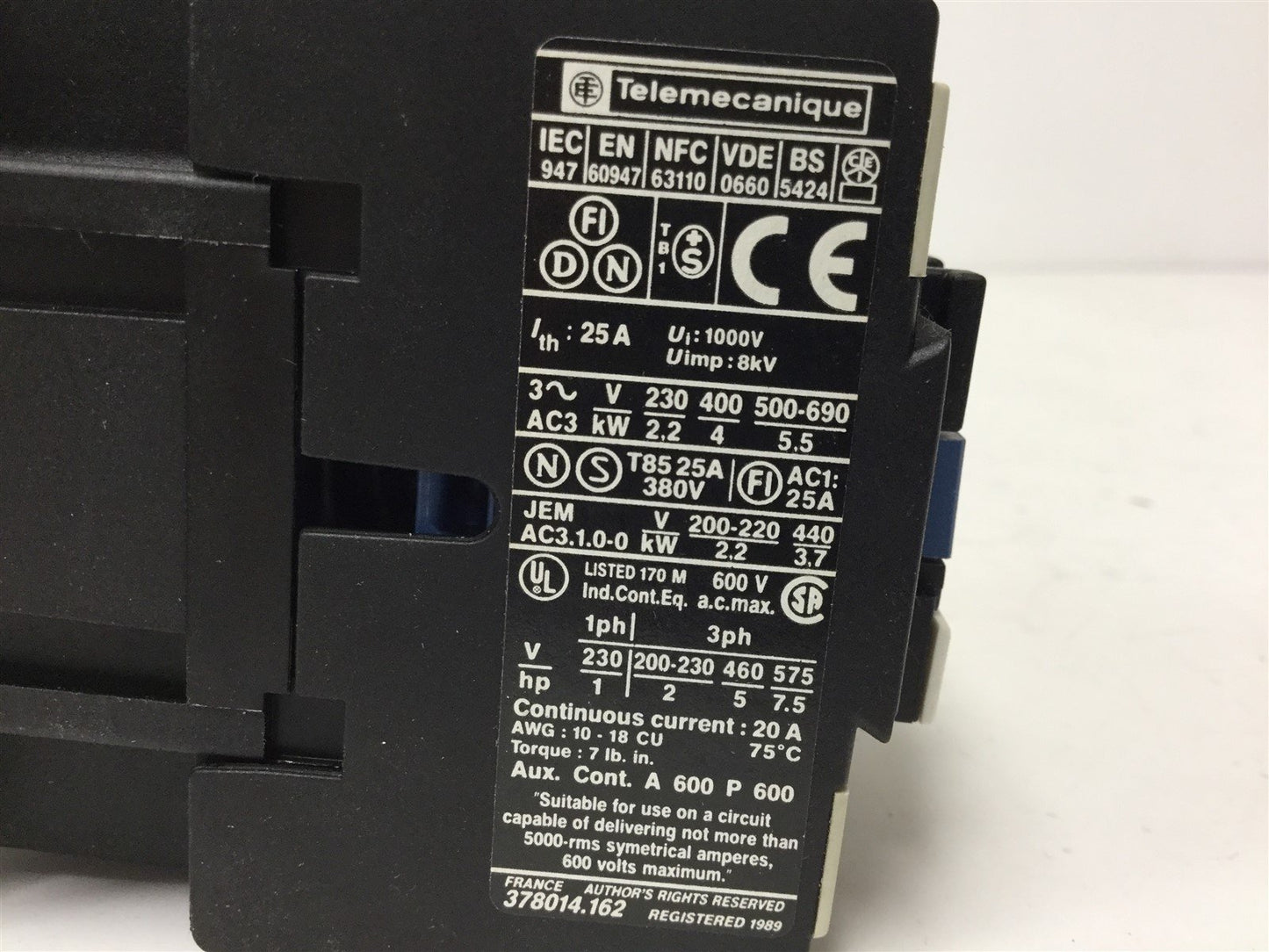 Used Telemecanique LC1 D09 10 Contactor, Coil Voltage: 48V 50/60Hz, 3 Poles, N.O. Aux
