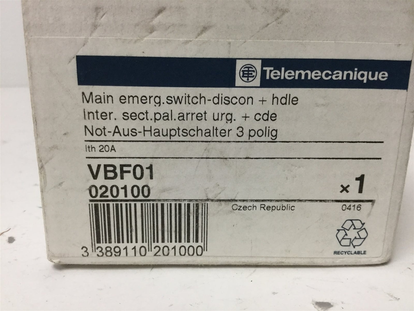 New Telemecanique VBF01 Disconnect Switch, 3-Pole, Rating: 16A 690VAC