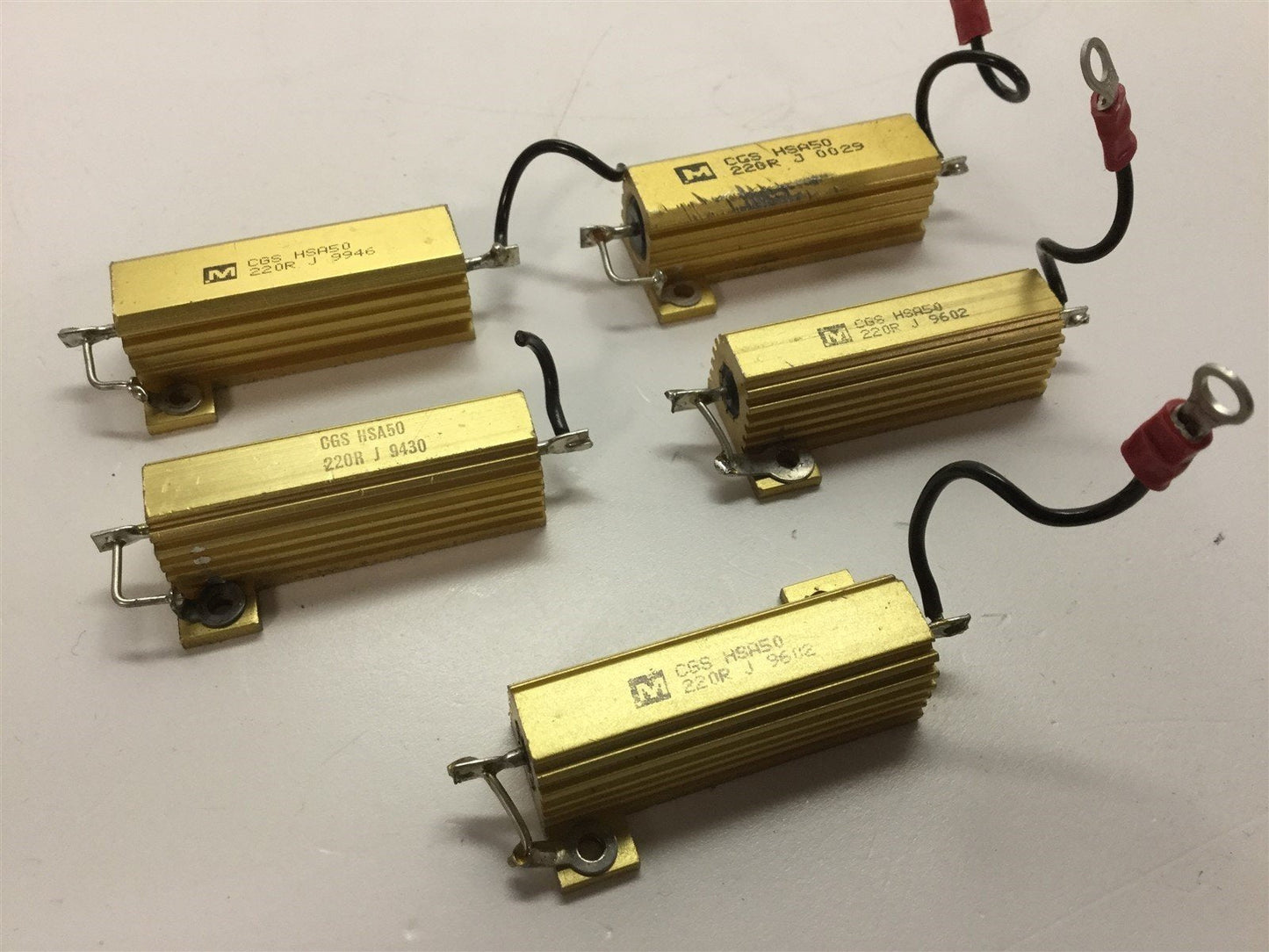 Used Lot of 5 CGS HSA50 220R Power Resistors, 220 Ohms, 5% Tolerance, 50 Watt