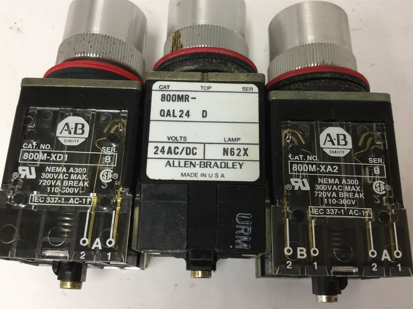 Used Lot of 3 Allen Bradley 800MR-QAL24 Lighted Push Buttons, 800M-XA2 800M-XD1