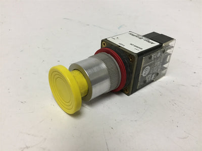 Used Allen Bradley 800MR-D9 Yellow Mushroom Push Button, With 800M-XD1 Contact Block