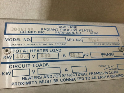 New – Open box Glenro 80 Radiant Process Heater, Voltage: 480V, Power: 10.6kW, 12" x 52" Area