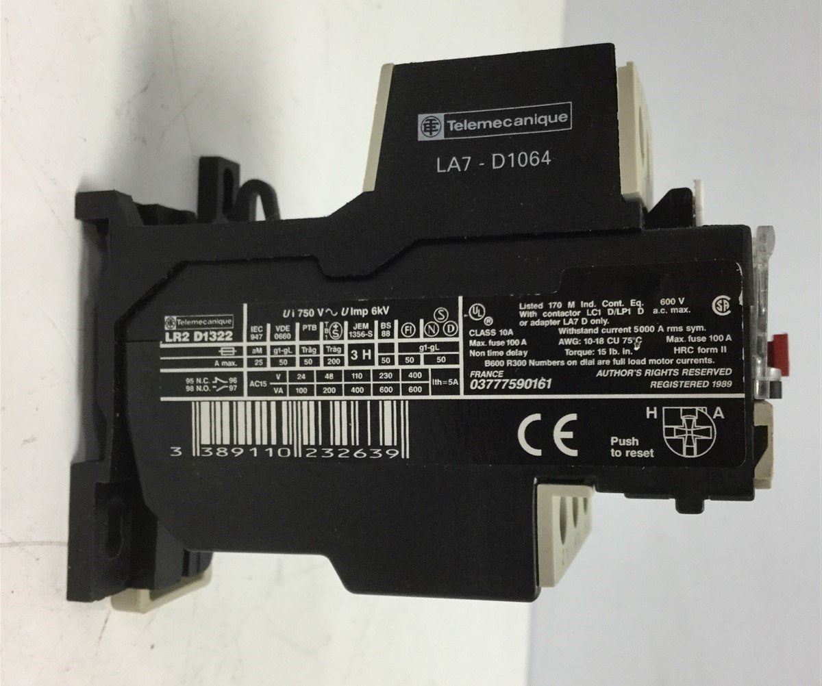 Used Telemecanique LR2-D1322 Thermal Overload Relay W/ LA7-D1064 Terminal Block, 600V