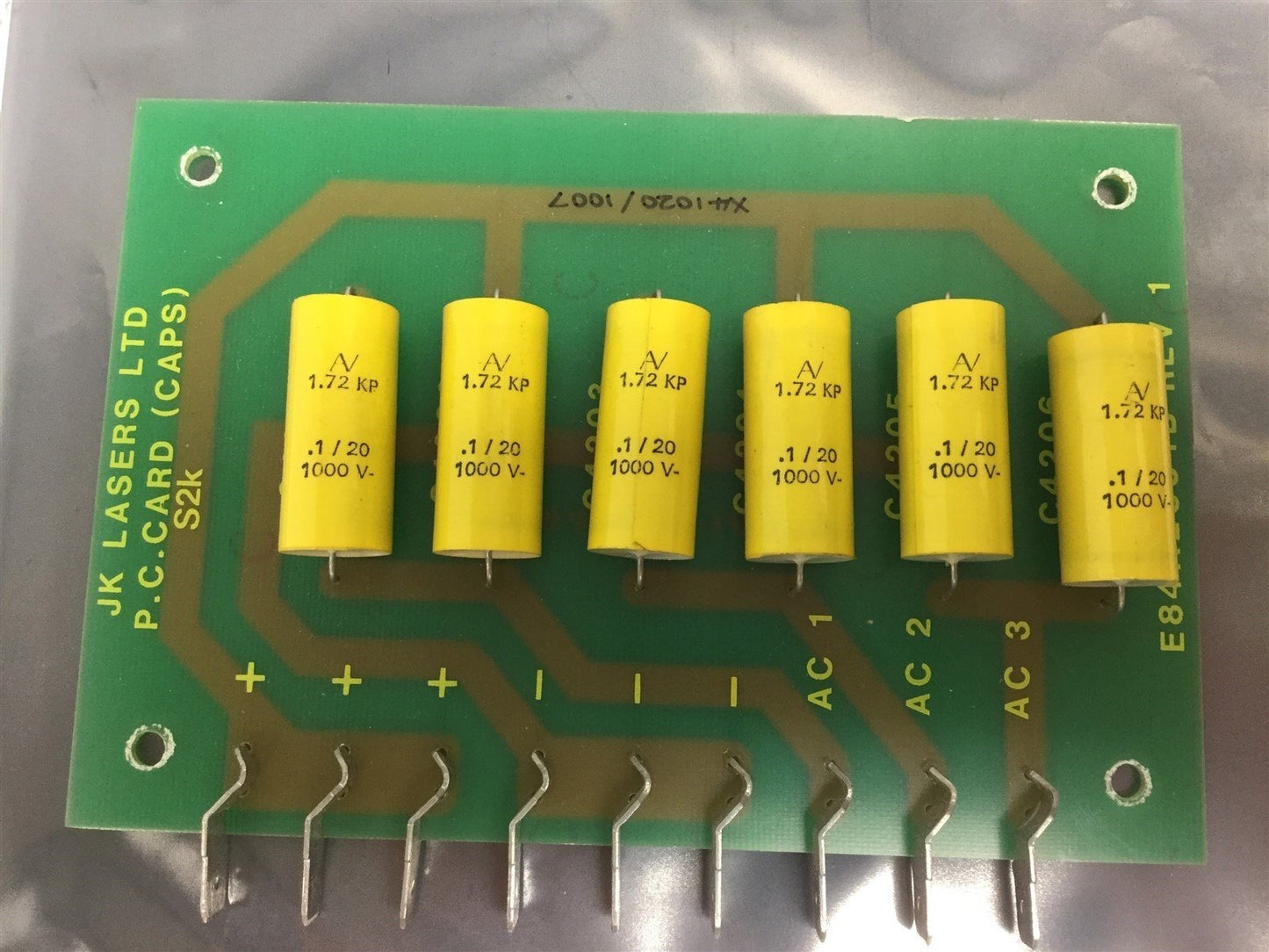 Used JK Lasers LTD E84A2831B Rev 1 P.C. Card (Caps)  S2k, X41020/1007, C4201-C4206
