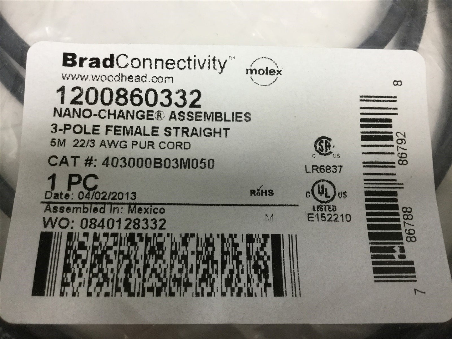 Used Lot of 3 BradConnectivity 1200860332 Nano-Change Assembly 3-pole Female 5M Cord