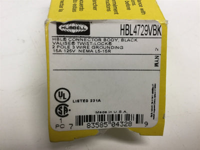 New Hubbell HBL4729VBK Connector Twist-Lock, 15A, 125V, 2 Pole 3 Wire L5-15R