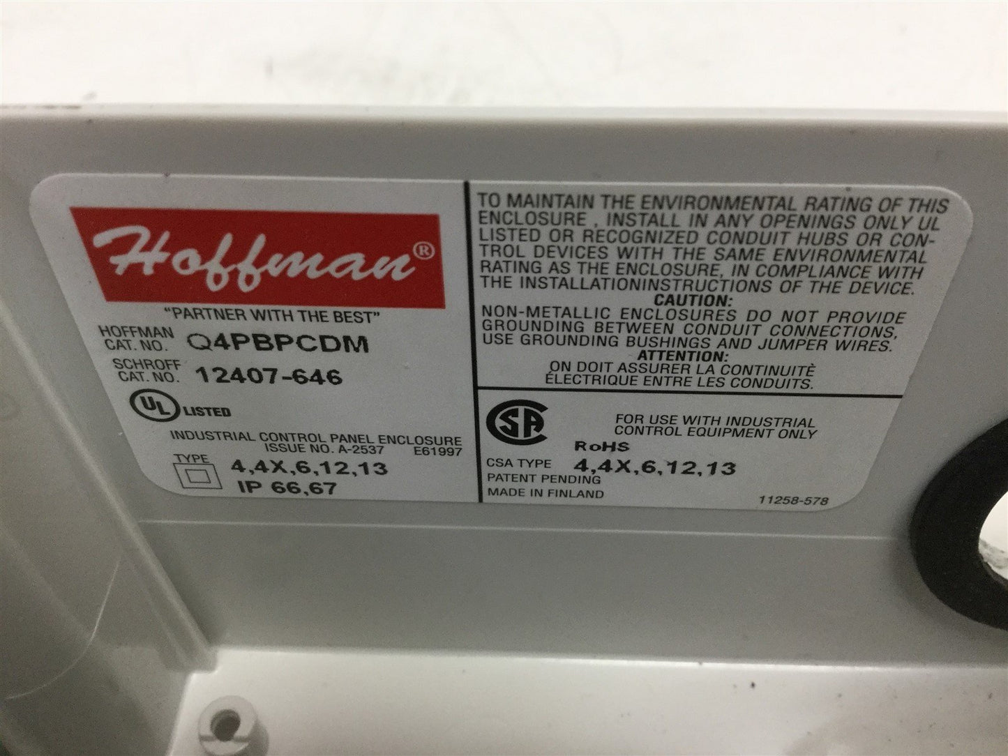 Used Hoffman Q4PBPCDM 4-Hole Pushbutton Enclosure Dimensions 8" x 4-3/4" x 3-7/16"
