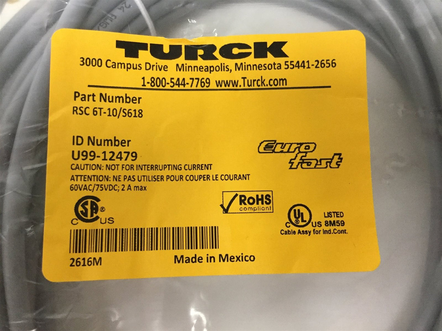 New Turck RSC 6T-10/S618 Cordset, M12 Male 6-Pin Connector to Flying Leads, 10m