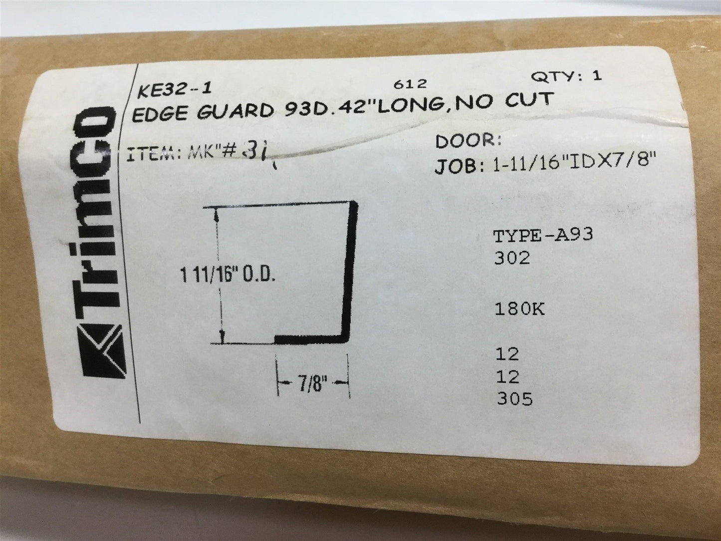 New Trimco KE-32-1 Edge Guard Type A93-302 Satin Bronze Clear Coated Length: 42"