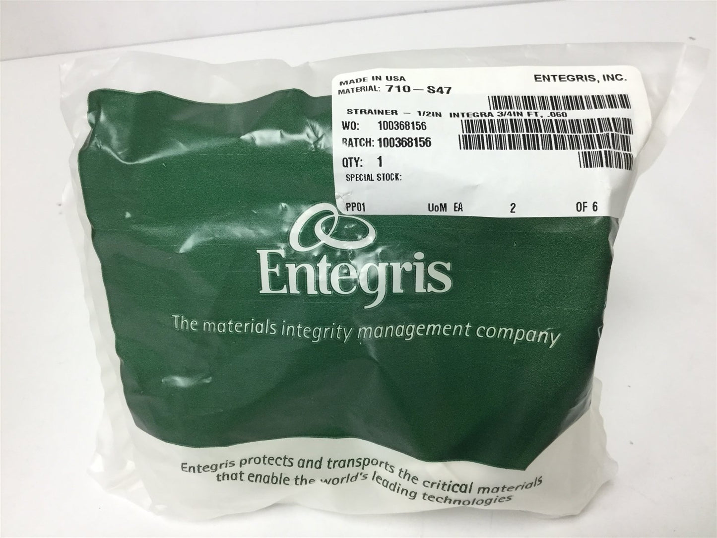 New Entegris 1032-065 Strainer, Connections: 3/4" Flaretek, Orifice: 1/2"