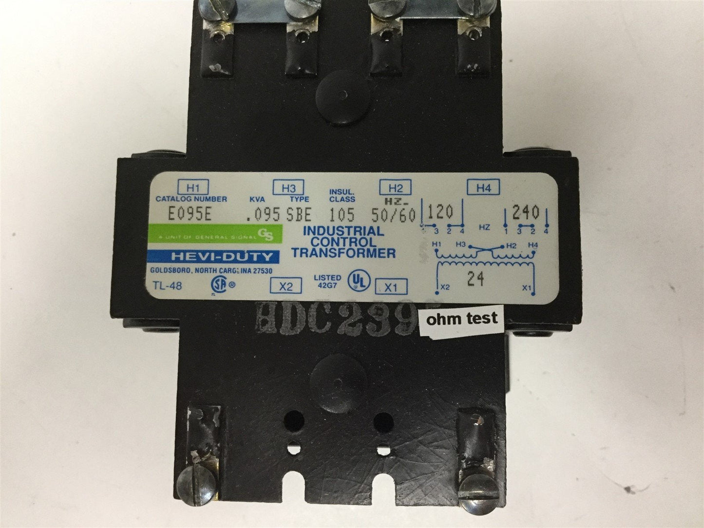Used Hevi-Duty E095E Control Transformer, Primary: 120/240V, Secondary: 24V, 0.095KVA