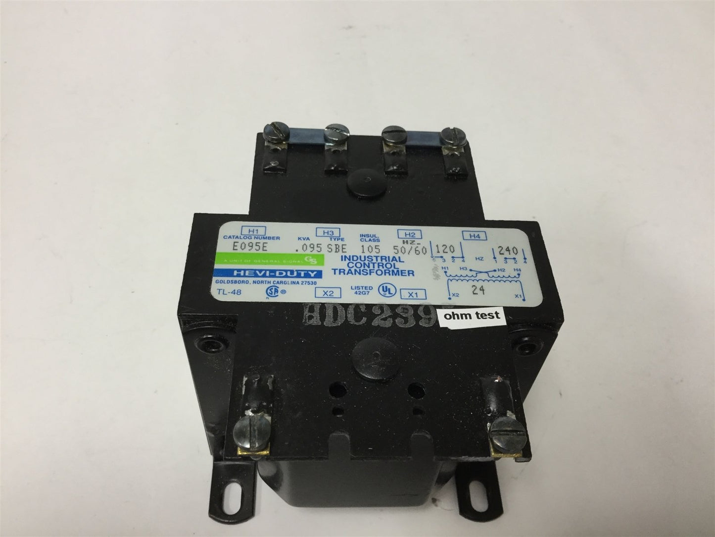 Used Hevi-Duty E095E Control Transformer, Primary: 120/240V, Secondary: 24V, 0.095KVA