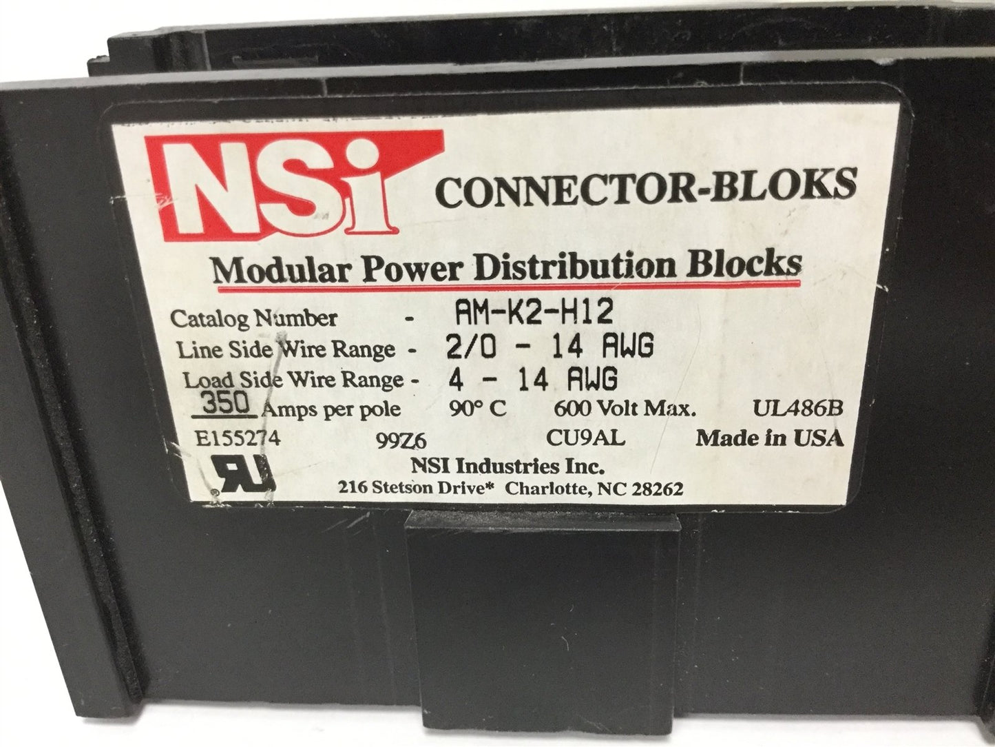 Used NSI AM-K2-H12 Power Distribution Block, 1-Pole, Rating: 600V 350A, 2 to 12