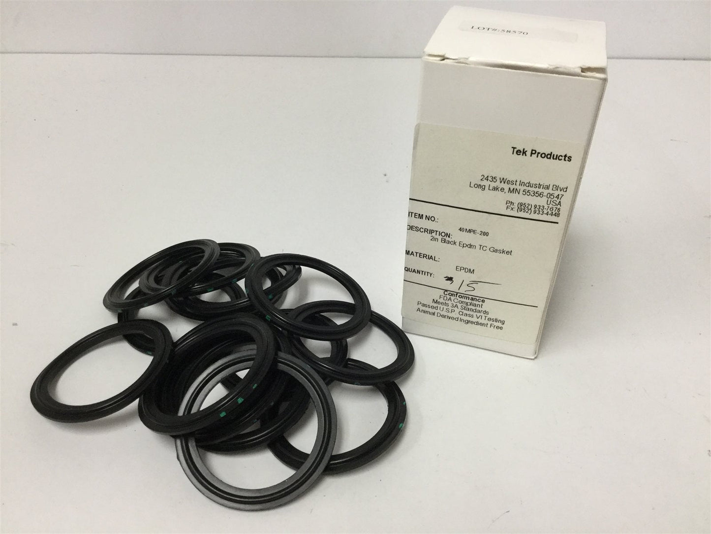 New Lot of 15 New TEK Products 40MPE-200 Tri-Clamp Gaskets, Size: 2", Material: EPDM