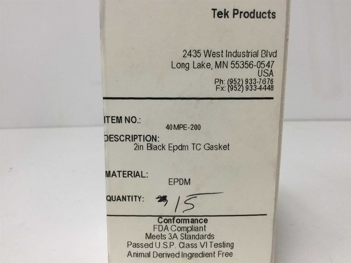 New Lot of 15 New TEK Products 40MPE-200 Tri-Clamp Gaskets, Size: 2", Material: EPDM